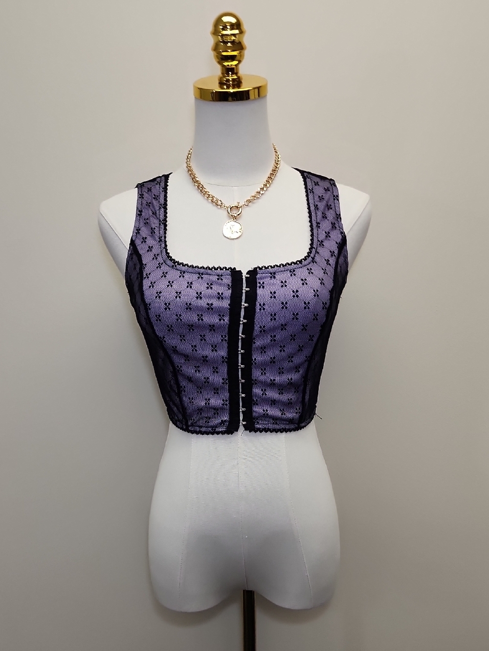 SHEIN Lilac Black Lace Corset Crop Top Size Small Goth Y2K